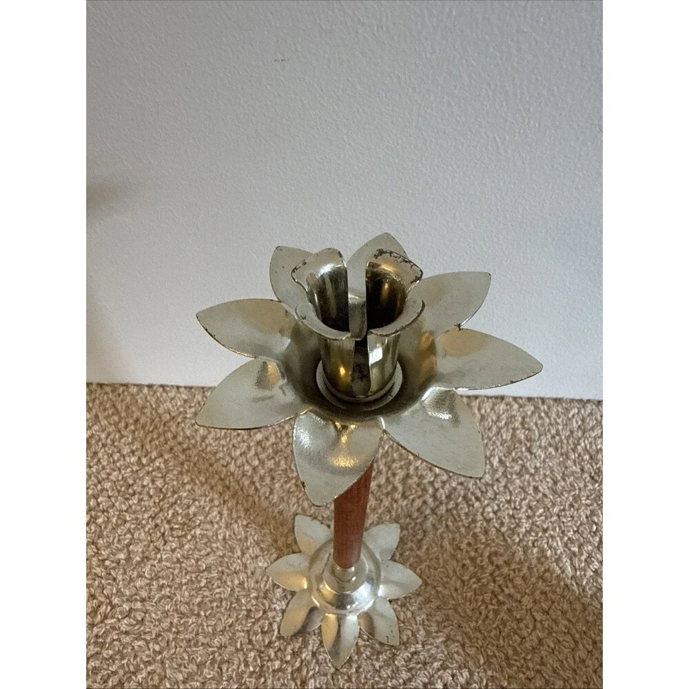 Vintage Nu-Trend Mid Century Modern Teak And Metal Flower Candleholder 9.5”